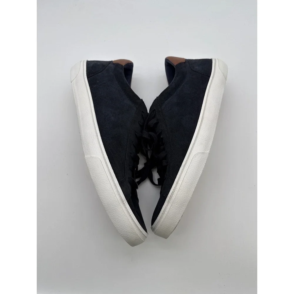 Vince Mens Suede Low Top Sneakers Navy Blue Brown Leather Trim Lace Up Shoes